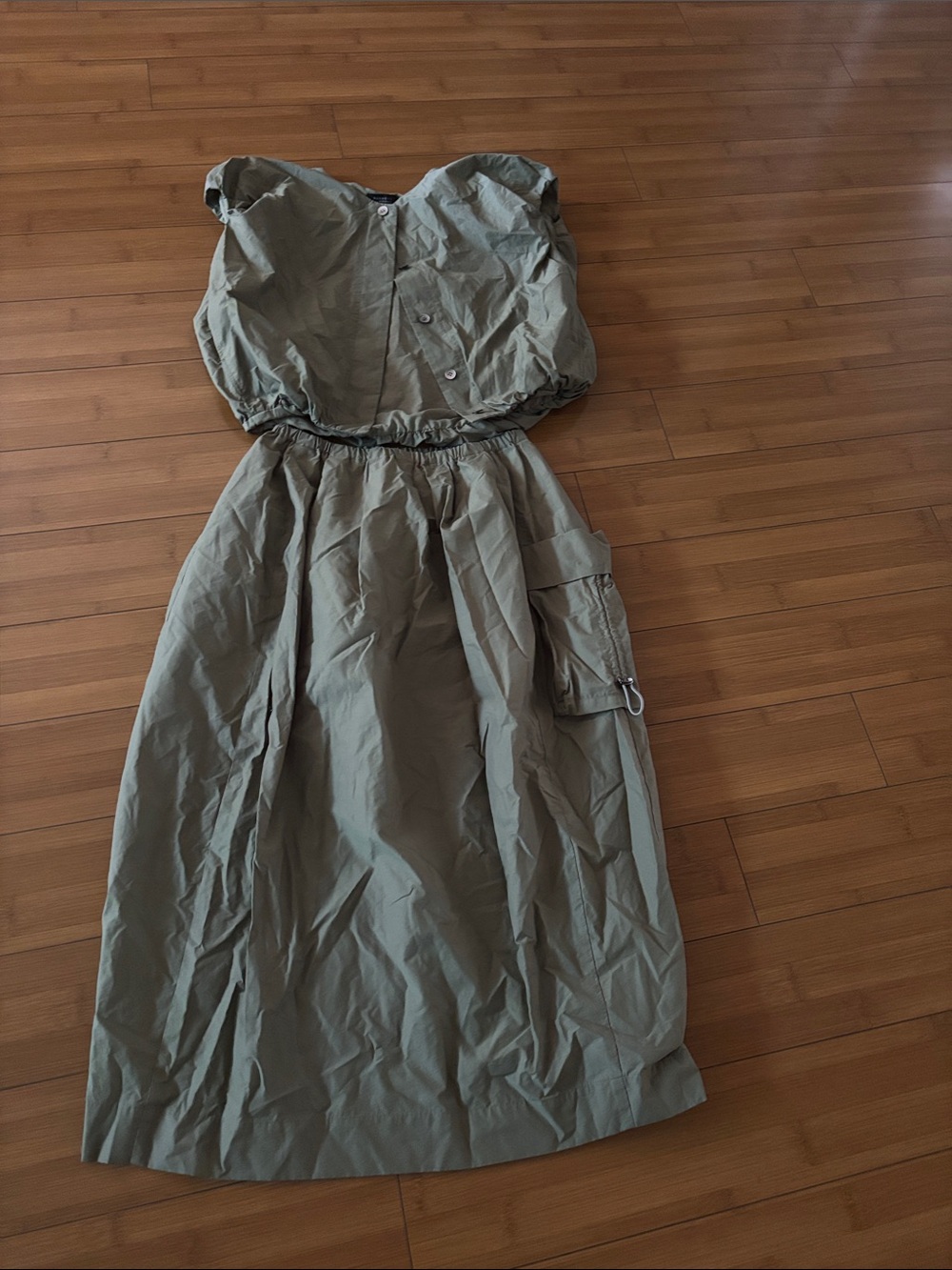 Barneys New York Olive Strapless Maxi Skirt Dress with Cargo Pocket
